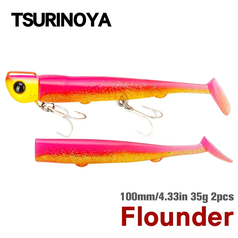 TSURINOYA 110mm 35g Lange Casting Jig Kopf T Schwanz Weicher Köder Set 2 stücke Schwanz Flunder Seebarsch angeln Köder Sinkende Große Köder