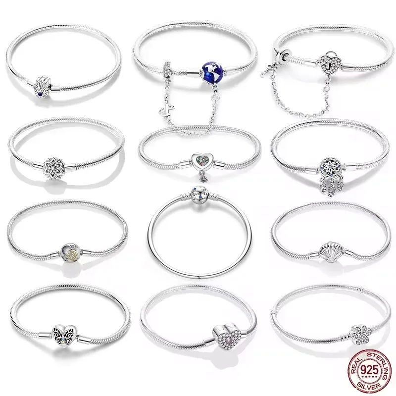 Armband Silber 925, Original 17–20 cm, Stern, Mond, Sonne, vierblättriges Kleeblatt, grüner Zirkon, Armbänder, passend für DIY-Charms, Geburtstag, Schmuck, Geschenke