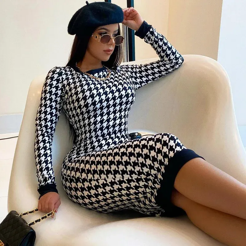 Hahnentritt Druck Frauen Langarm Midi Kleid Aushöhlen Bodycon Sexy Streetwear 2022 Herbst Winter Club Elegante Dünne