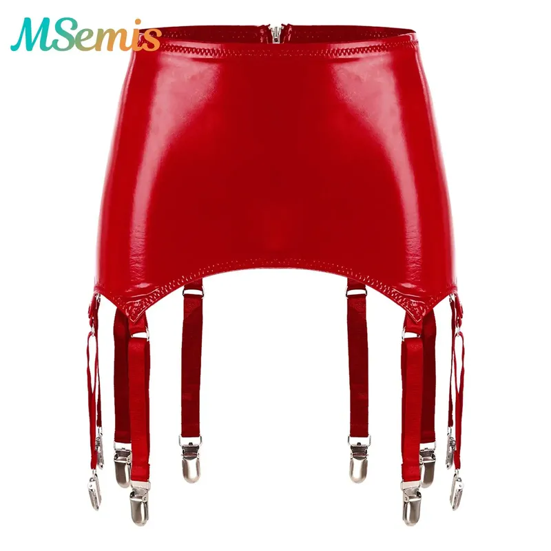 Damen Strumpfbänder Latex Röcke Hosenträger Strumpfbänder Gürtel Wet Look Lackleder Miniröcke Strumpfbänder mit Metallklammern Clubwear Kostüm