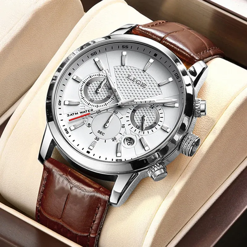 LIGE 2025 Uhr Männer Mode Sport Quarz Uhren Herren Uhren Top Marke Leder Militärische Wasserdichte Datum Uhr Relogio Masculino