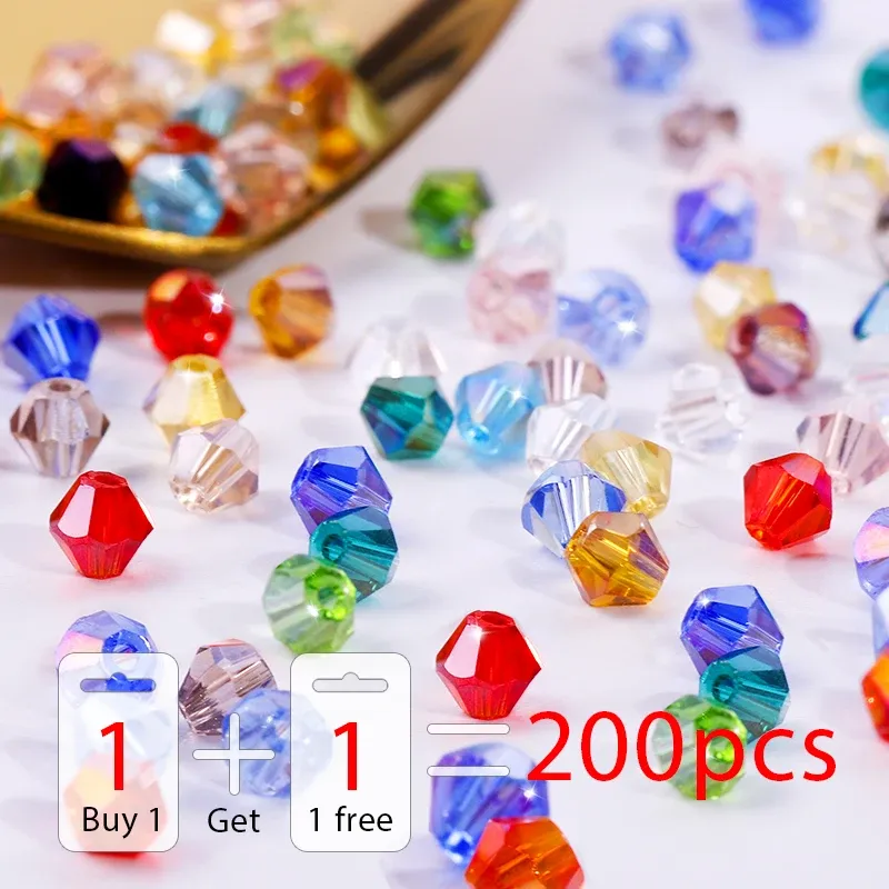 Kaufen Sie 1 und erhalten Sie 1 gratis 4 mm glänzende Kristallperlen, Doppelkegelperlen, Glasperlen, lose Distanzperlen für Armbänder, DIY-Schmuckherstellung, 200 Stück