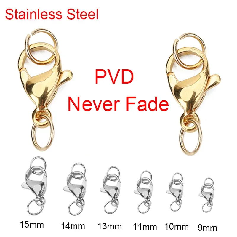 20 Sets PVD verblasst nie Edelstahl-Karabinerverschlüsse mit Biegeringen 9 10 12 14 15 mm Endhakenverbinder für die Herstellung von DIY-Schmuck