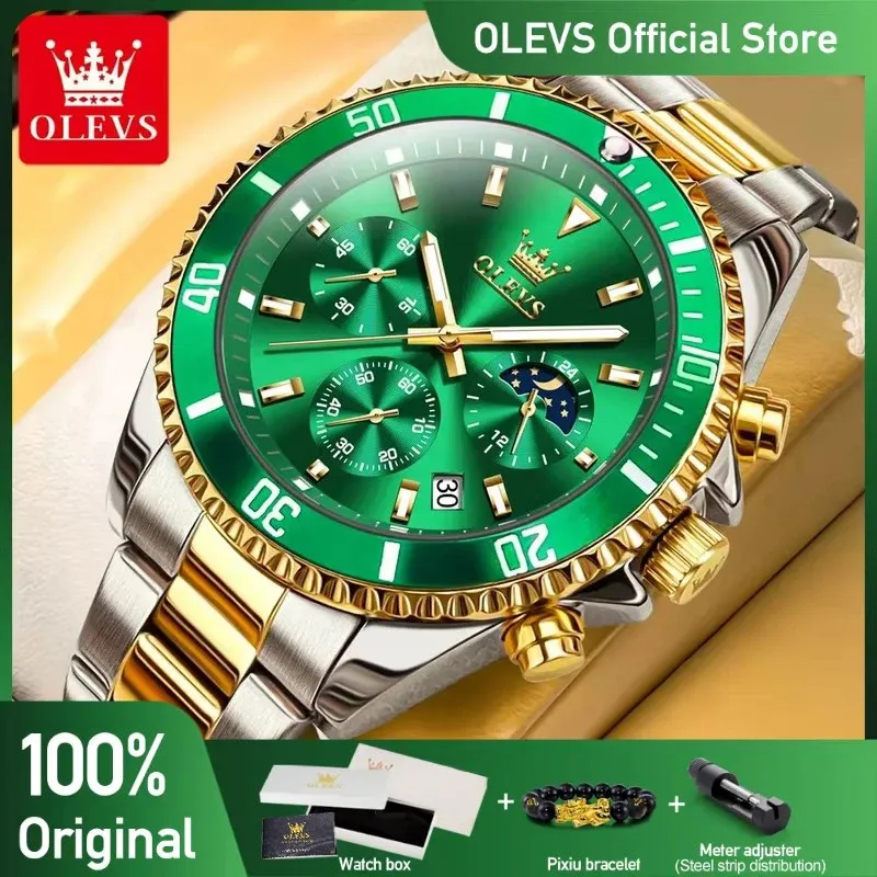 OLEVS Herrenuhren Top-Marke Luxusuhr für Herren Original wasserdichter Edelstahl Chronograph Mondphase Datum Rota Zifferblatt