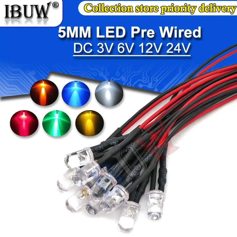 10PCS DC 3V 6V 12V 24V Vorverdrahtet 3mm 5mm LED Licht Lampe Vorverdrahtet Emitting Dioden Transparent Gelb Blau Grün Weiß Rot