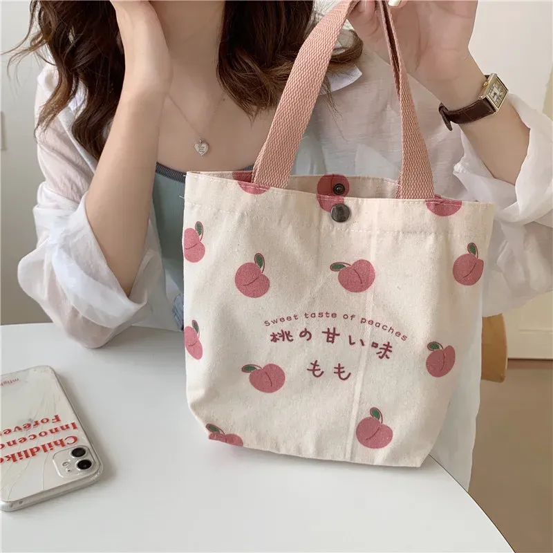 Kleine Leinwand Frauen Tote Lebensmittel Tasche Japanische Pfirsich Hand Mittagessen Tasche Koreanische Mini Student Handtaschen Baumwolle Tuch Picknick Reise Bento