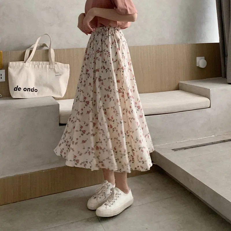 Vintage Floral Print A-linie Gefaltete Lange Röcke Sommer Frauen 2024 Koreanische Rock Streetwear Kordelzug Elastische Taille Midi Rock