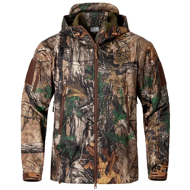 Männer Silent Soft Shell Camouflage Taktische Jacke Wasserdichte Warme Fleece Jagd Jacken Outdoor Wandern Angeln Mit Kapuze Mantel