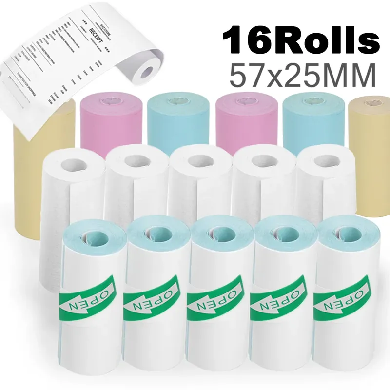 16 Rollen Thermodruckerpapiere, 57 x 25 mm, selbstklebende Thermopapiere, HD-Farbetikettendrucker für tragbare Mini-Drucker ohne Tinte