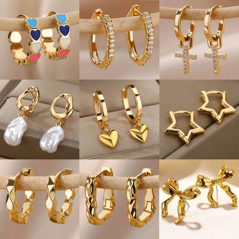 Herz Edelstahl Ohrringe für Frauen Zirkon Gold Farbe Creolen Ästhetische Wasserdichte Ohr Piercing Schmuck Zubehör