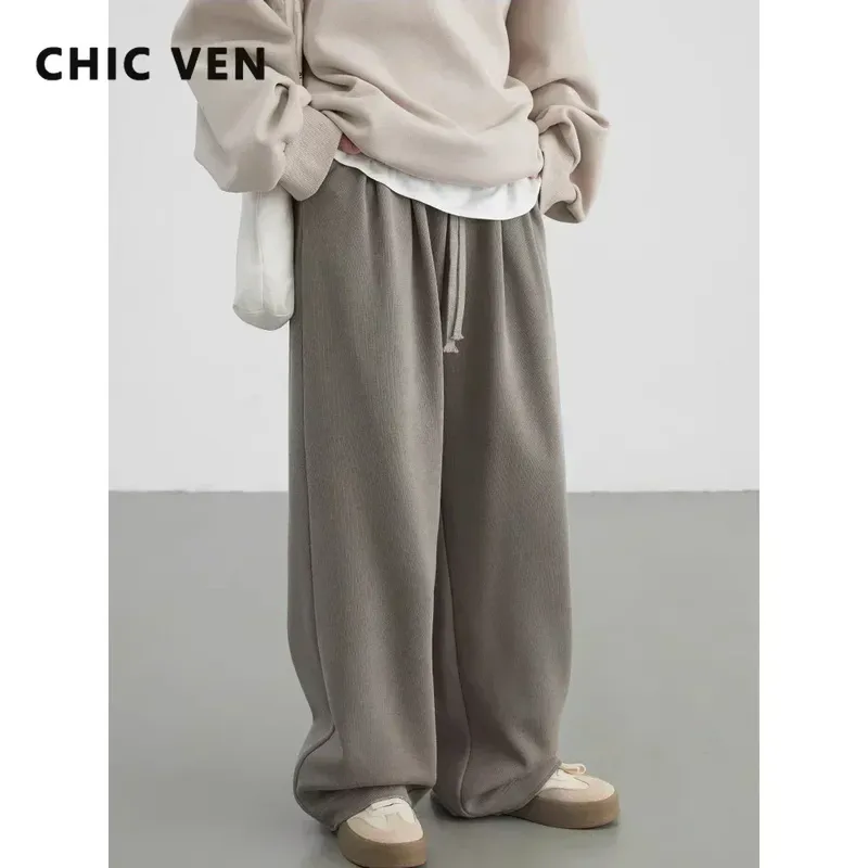 CHIC VEN frauen Hose Streetwear Solide Lose Neue Kordelzug Sport Casual Hosen Hohe Taille Hosen Herbst Winter2025