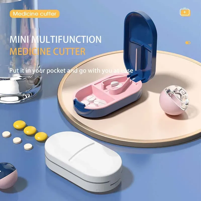 Pillenschneider mit unsichtbarer Aufbewahrungsbox, tragbar, 2-in-1, Mini-Medikamententablett, Medizin, staubdicht, Trennwand, Organizer, Brecher, Pillendose