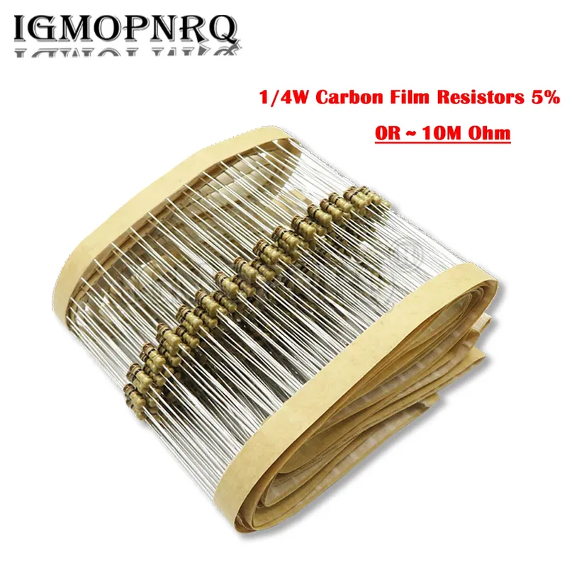 100PCS 5% 1/4W Carbon Film Widerstände 1R-10M 1K 5K 10K 4K7 100K 560K 1M 3M3 Ohm Farbe Ring Widerstand 10R 20R 47R 100R 150R 220R