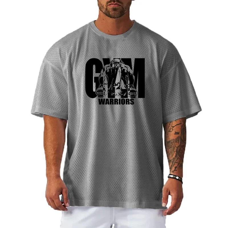 Übergroßes, lockeres, lässiges Sport-T-Shirt für Herren, Fitnessstudio, Bodybuilding, Fitness, kurzärmeliges Hemd, Sommer-Mesh, schnell trocknende, atmungsaktive Kleidung