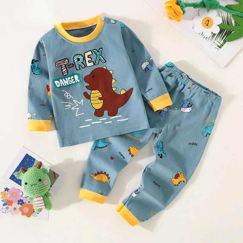 Unterwäsche-Set für Kleinkinder, Jungen, Baumwolle, Schriftzug und Bärenmuster, langärmliges Oberteil und passende Hose, Pyjama-Set