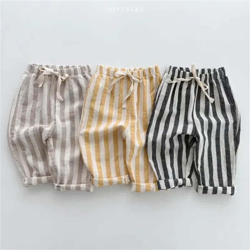 Vintage Leinen Baumwolle Streifen Hosen für Jungen Casual Tasche Design Gummibänder Taille Hosen für Kleinkind Mädchen Kleidung Kinder Hosen
