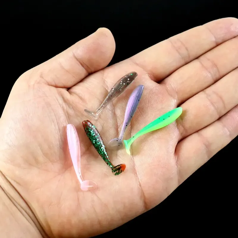 50 Stück weiche Mini-Angelköder, T-Schwanz-Wurmköder, künstlicher Silikonköder, Angelgerät für Barsch-Hecht