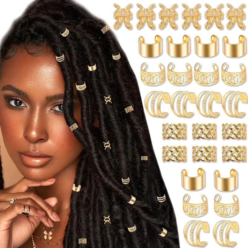 50 Stück Legierungs-Haarschmuck für Zöpfe, Dreadlock-Zubehör, Metallgeflecht-Clips, nicht durchdringende Ohrclips, Bartperlen, Haarmanschetten-Clips