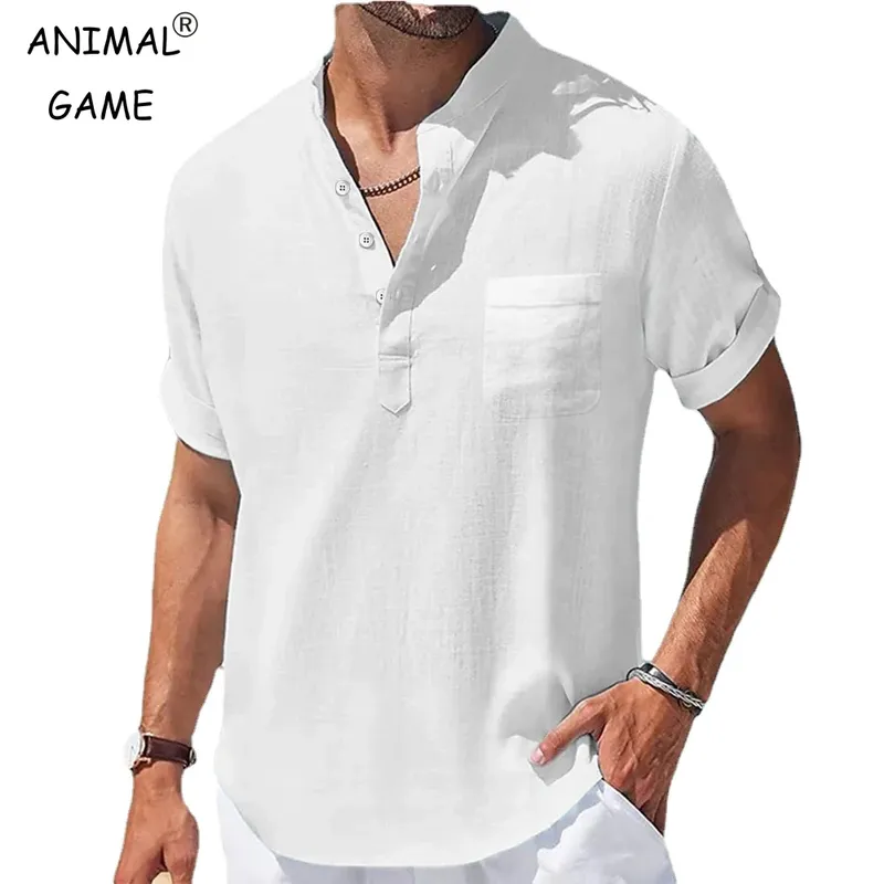 Neue männer Casual Stehkragen Sommer Einfarbig Kurzarm Leinen Hemd Trendy Atmungs Lose Jugend Grundlegende Tasche Top