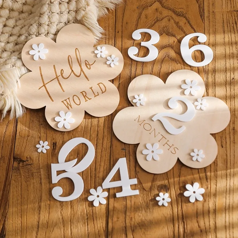 Holz Baby Blume Form Meilenstein Karte Monatliche Memorial Karte Neugeborenen Geburtstag Fotografie Zubehör Für Baby Geburt Geschenk