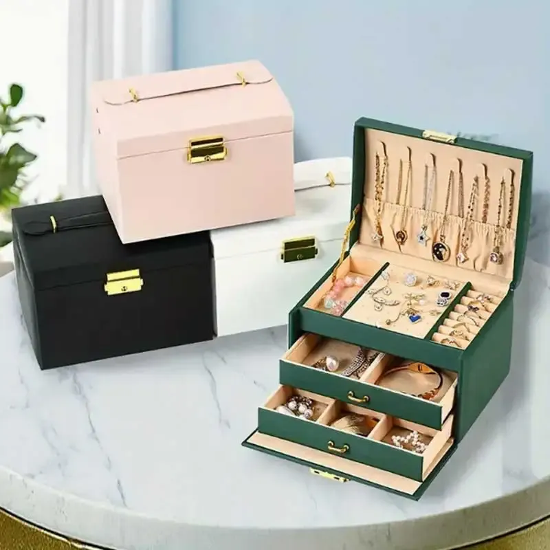 Hand-Schmuckschatulle mit drei Schubladen, Aufbewahrungsbox für Ohrringe, Ringe, Halsketten, PU-Leder, Schmuck-Display-Box mit Sicherheitsschlüsselschloss