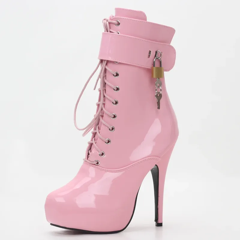 Sexy Einzelstiefel zum Schnüren, 15 cm hoch, dünner Absatz, 4 cm Plateau-Knöchel, kurze Stiefel, Unisex, Übergröße, Vorhängeschlösser-Stiefel