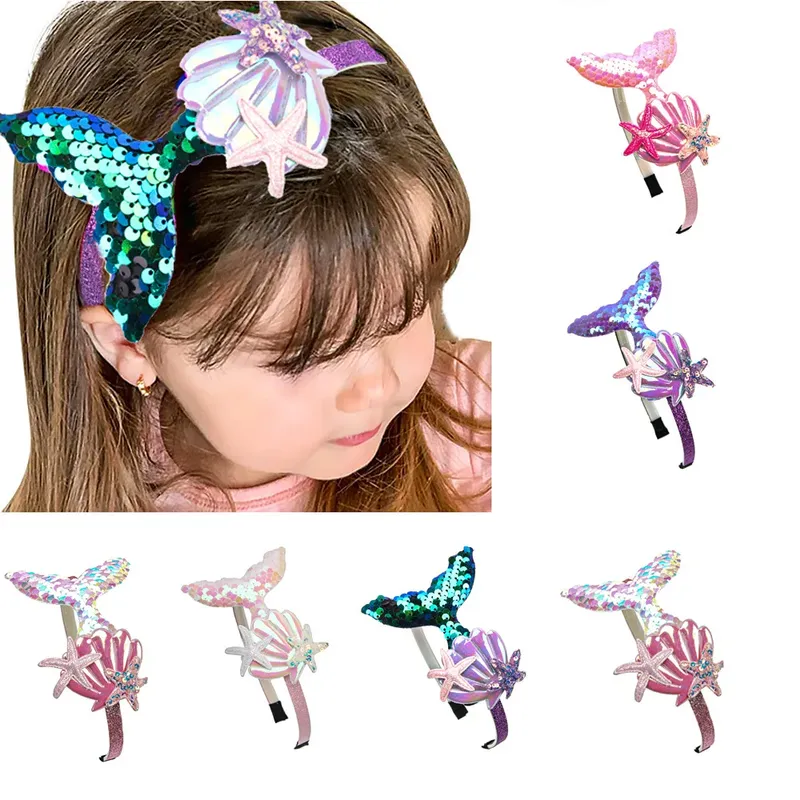 Mädchen Haarbänder Meerjungfrau Kopfbedeckung Farbe Pailletten Muscheln Glänzende Prinzessin Süße Kinder Haarschmuck Foto Requisite Party Stirnbänder