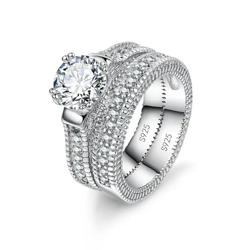 Elegantes Paarring-Set für Hochzeit, Verlobung, 925er-Sterlingsilber, farbiges Jubiläumsaccessoire mit vollständig glänzendem Zirkon-Stein