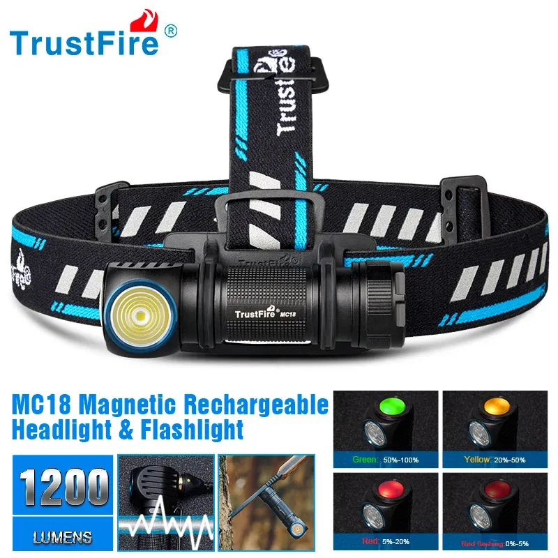 Trustfire Mc18 Stirnlampe Led Xp-Lhi 18650 Magnetische 2a USB Aufladbare Stirnlampe 1200 lm Taschenlampe Scheinwerfer Magnet Schwanzkappe