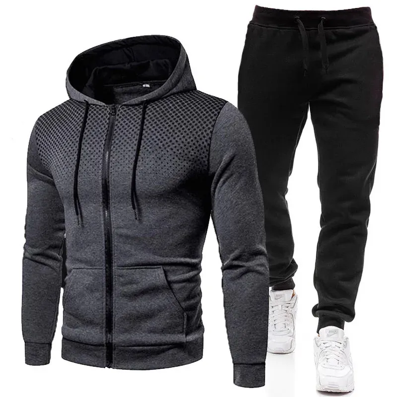 Herren-Trainingsanzug mit Reißverschluss, Kapuze, mehrere Taschen und Schutzhose, lässiger Jogging-Trainingsanzug, Herbst/Winter, 2-teiliges Set, große Größe S-3XL