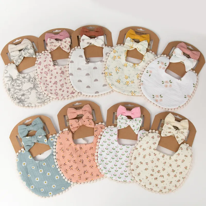 3 Teile/satz Baby Blume Lätzchen & Stirnbänder Bogen Nylon Haarbänder Doppel Seite Speichel Handtuch Fütterung Spucktuch Schal Jungen Mädchen Kopfbedeckungen