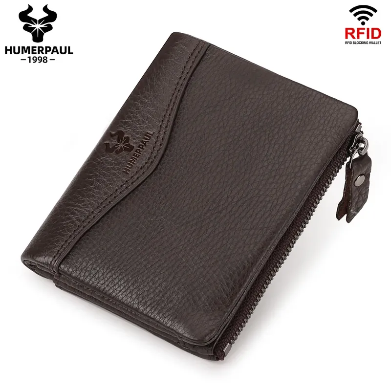 HUMERPAUL Klassische Geldbörse aus genarbtem Leder, zweifach faltbar, Kreditkartenetui, schmale Herren-Clutch mit Münzfach mit Reißverschluss, Qualität