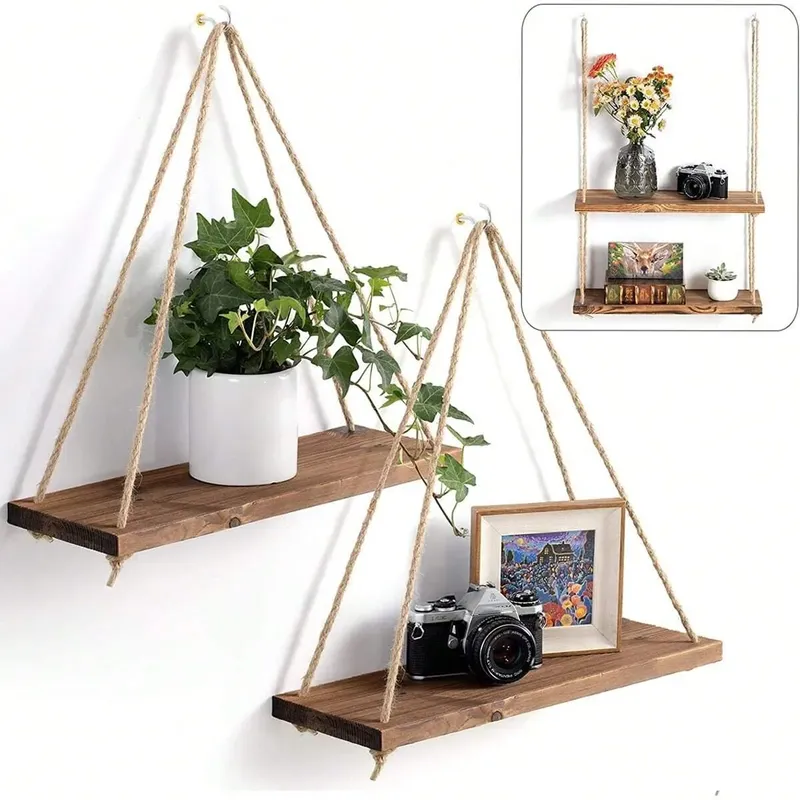 1pc Holz schaukel hängen Hanf Seil Wandre gal montiert schwimmende Haus Wohnzimmer Pflanze Blumentopf Tablett Lagerung Garten Dekoration