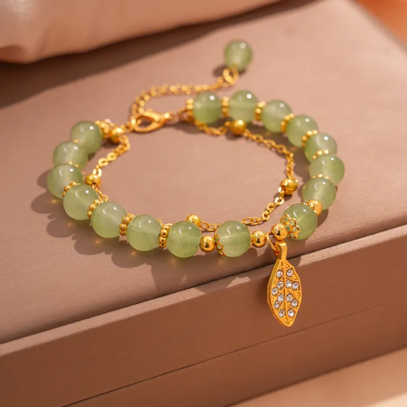 Chinesischen Stil Grüne Jade Armband Für Frauen Exquisite Gold Farbe Blätter Handgelenk Strap Armreif Doppel Kette Armband Mädchen Geschenke