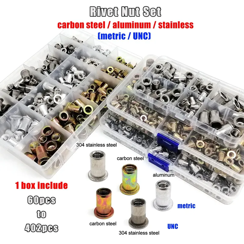 1 Box M3 M4 M5 M6 M8 US-Grobgewinde UNC 304 A2-70 Edelstahl Kohlenstoffstahl Aluminium Flachkopf Nietmutter Nietmutter-Set