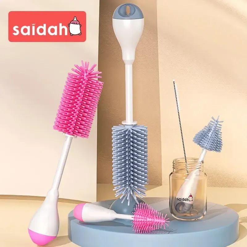 360-Grad-Drehung, 3-in-1-Silikon-Schnullerbürste für Babyflaschen, Waschwasser, Becher, Behälter, Strohhalm, Reinigungsbürsten-Set