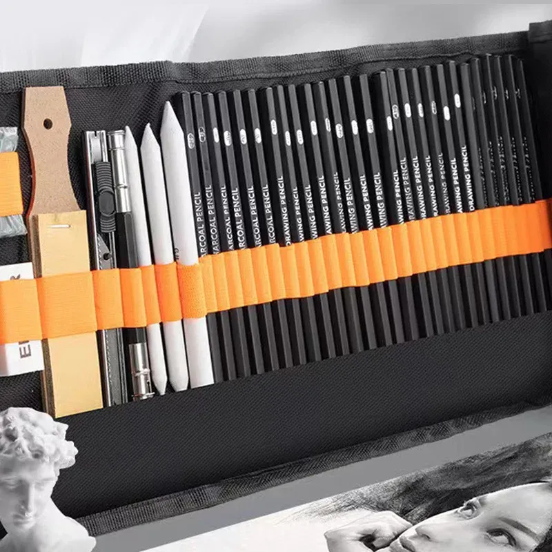 27/38/47 stücke Skizze Bleistifte Set Roll-Up Leinwand Wrap Skizzieren Bleistift Tasche Kunst Zeichnung Liefert Holzkohle Gekneten Radiergummi