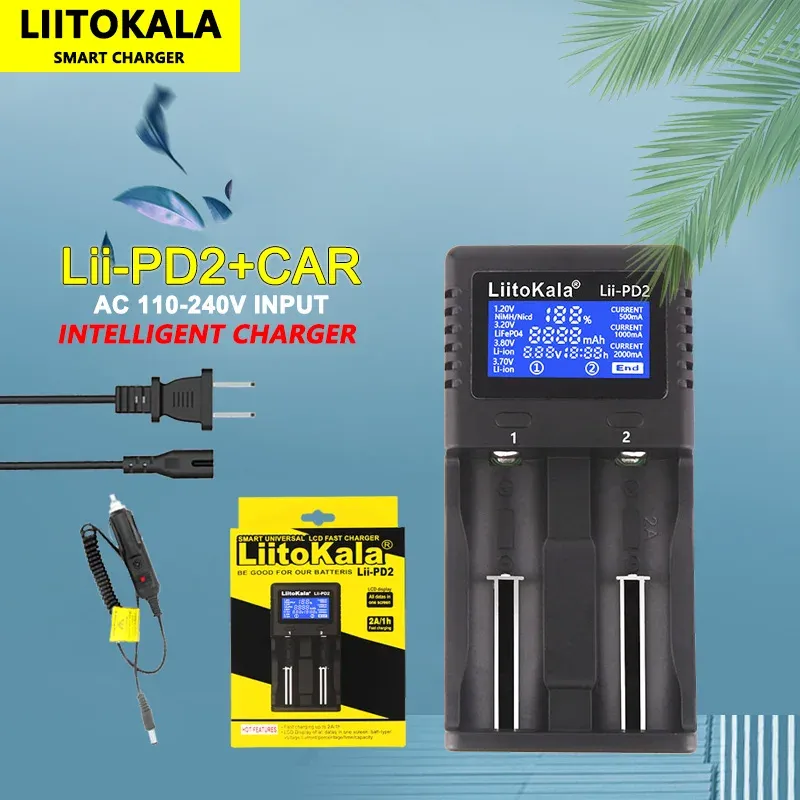 LiitoKala Lii-PD2 18650 Akku-Ladegerät für 3,7 V Li-Ion 18650/18500/16340/26650/21700/20700/18350/CR123A 1,2 V Akku + Auto
