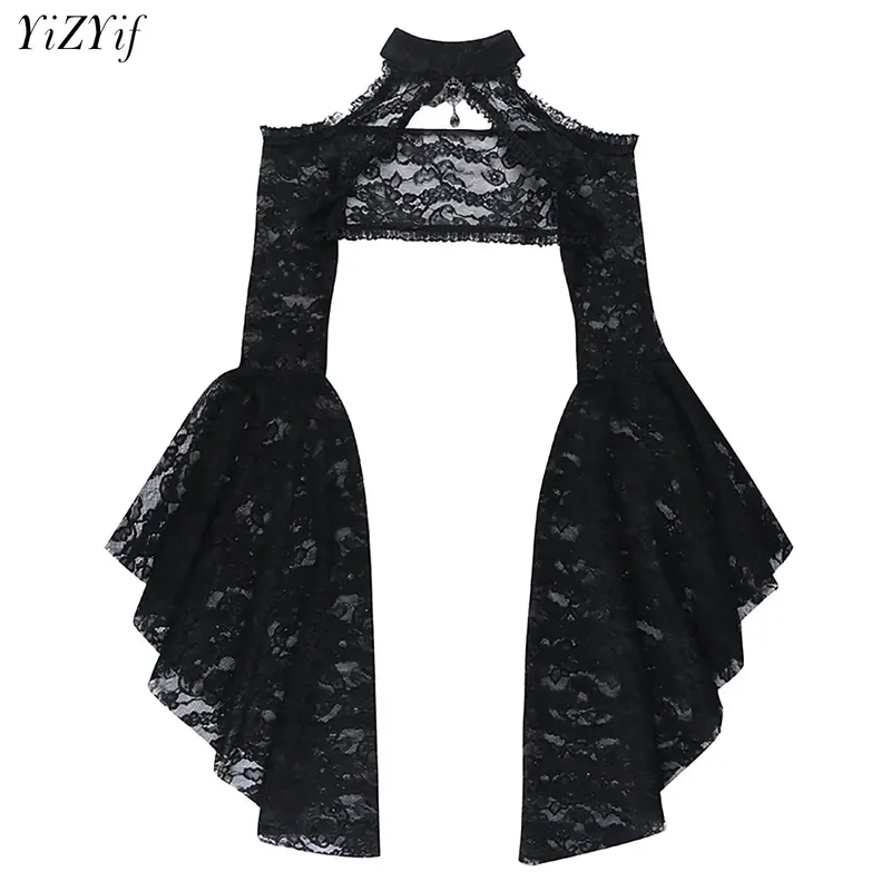 Punk Bolero Shrug Top Trad Goth Schwarze Tücher Ausgestellte Ärmel Abdeckung Wraps für Abendkleider Kurze Strickjacke Durchsichtige Spitze Shrug
