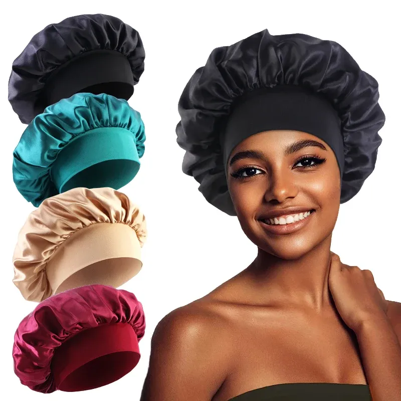 Neue Satin Breite Krempe Schlummertrunk Seidige Motorhaube Haar Wrap für Schlafen Schlaf Kappe Mit Elastische Weiche Band Styling Kappe Haar Wrapping Werkzeug