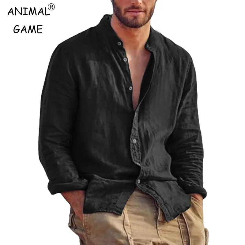 Sweatwear Herren Langarmhemd Leinen Einfarbige Hemden Trend Stehkragen Lässige leichte atmungsaktive Tops Hawaiihemd