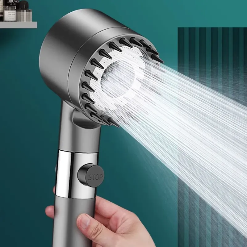 Hochdruckfilter-Duschkopf, 3-Modus, verstellbares Spray mit Massagebürste, Regenhahn, Badezimmerzubehör