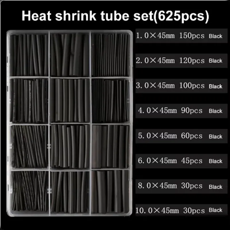 625 teile/los Thermobeständige rohr Schrumpfverpackung 2:1 Schwarz schrumpfschlauch set Draht Kabel Polyolefin Wrap Schläuche