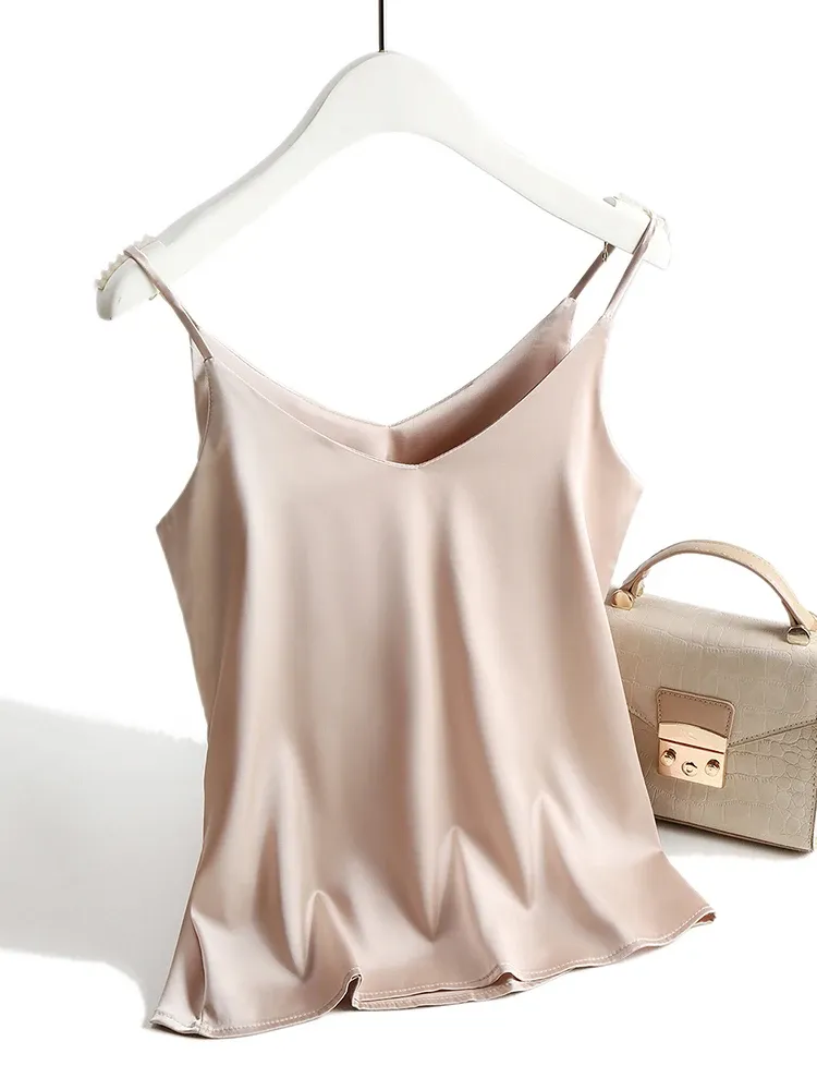 AOSSVIAO 2026 Damen Neckholder-Top mit V-Ausschnitt, Basic Weißes Cami, Ärmelloses Satin-Seiden-Tanktop, Sommer-Camisole für Damen