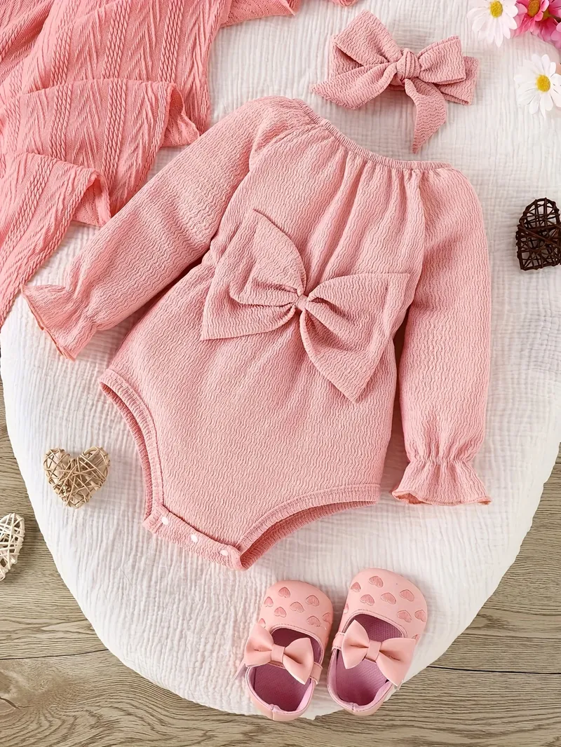 2 stück-Baby Frühling und Herbst Nette Mode Süße Ausländischen Stil Bogen Rosa Langarm Onesie + Kopftuch Baby Zwei-stück Set