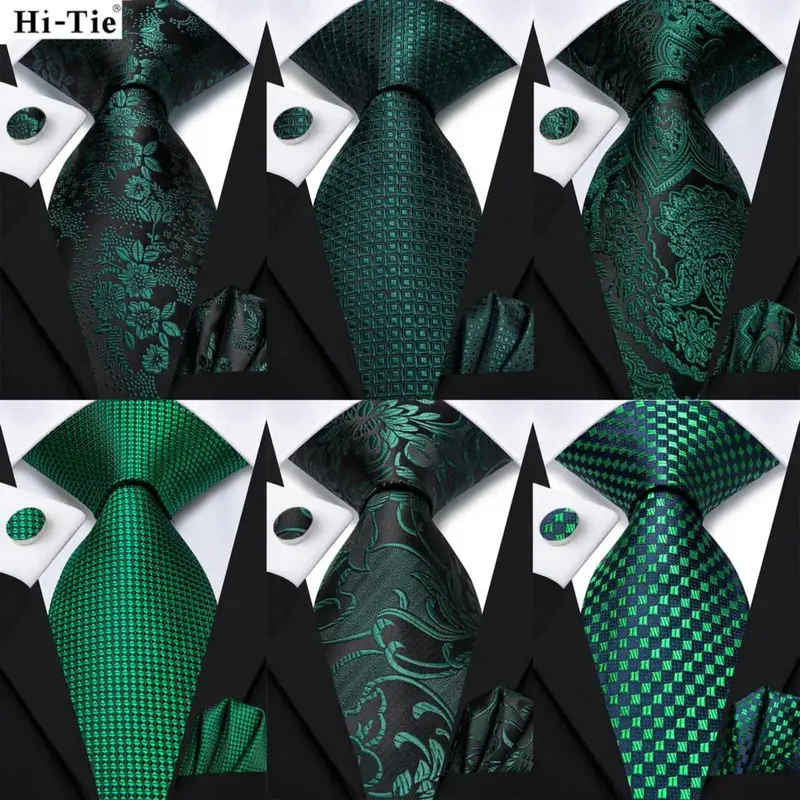 Hi-Tie Dunkelgrüne Psialey Seide Elegante Krawatte für Männer Bräutigam Hochzeit Männer Krawatte Einstecktuch Manschettenknopf Zubehör Großhandel Designer