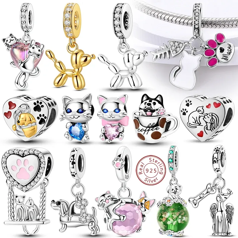 Charms aus 925er-Sterlingsilber, Hund, Katze, Pfotenabdruck, Liebe, Haustiere, Charms, Perlen, passend für Original-Armbänder, Halsketten, Anhänger, Frauen, DIY-Schmuck