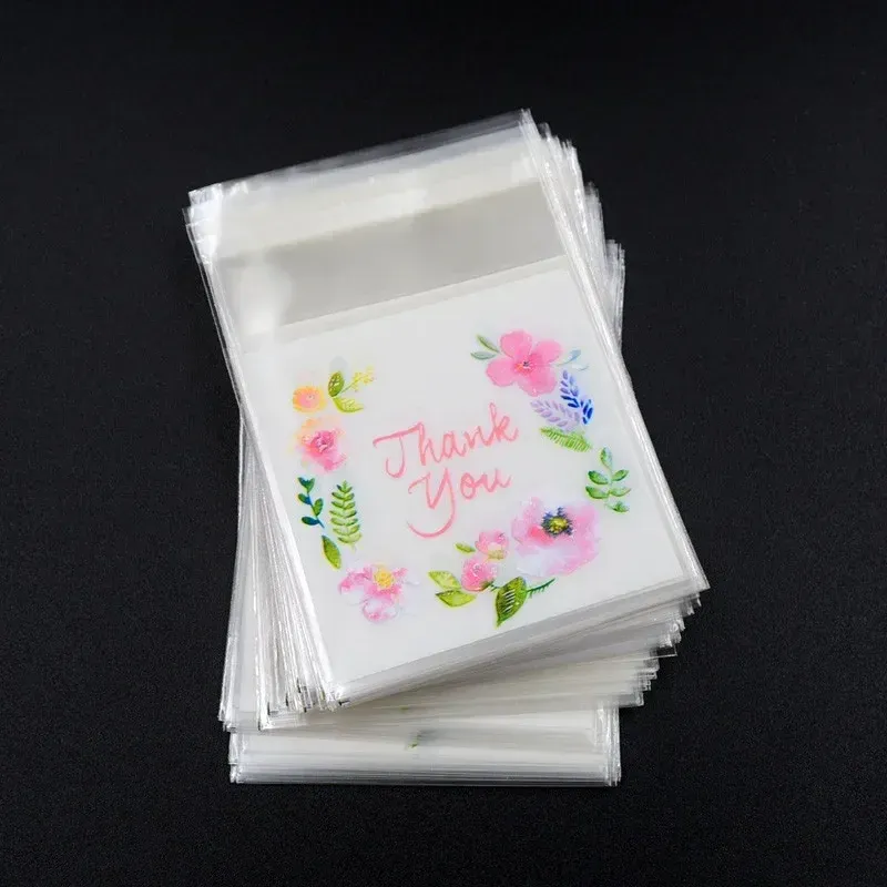 100 teile/los Plastiktüten Danke Blume Selbstklebende Taschen für Hausgemachte Cookie Party Geschenke Tasche DIY Schmuck Verpackung Tasche
