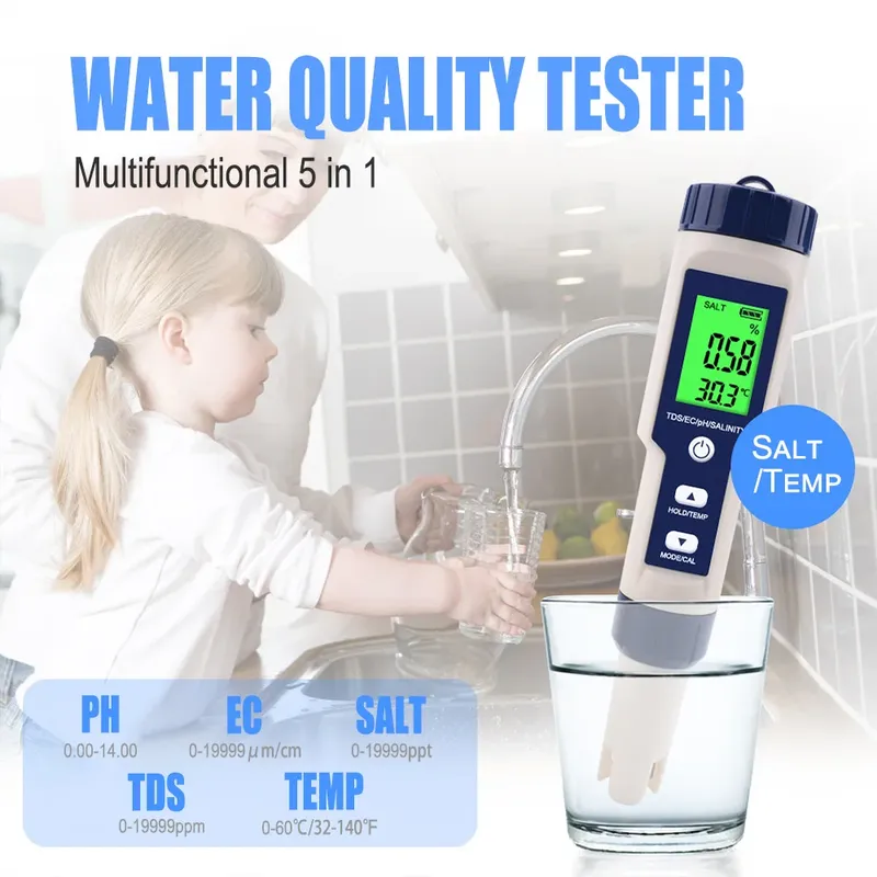 Hochpräziser Wasserqualitätsdetektor für zu Hause, multifunktionale 5-in-1-PH/TDS/EC/SALT/TEMP-Erkennung für Wate/Food/AquaculturePool