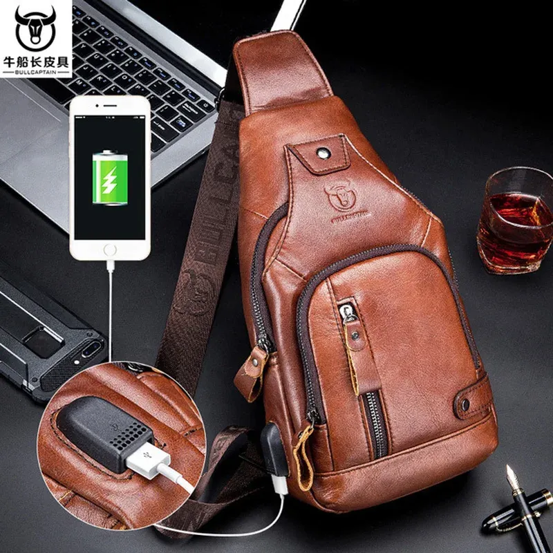 2023 neue 100% rindsleder Casual Mode Umhängetasche Brust Tasche männer leder tasche USB Lade Reise Schulter Tasche Daypack männlichen
